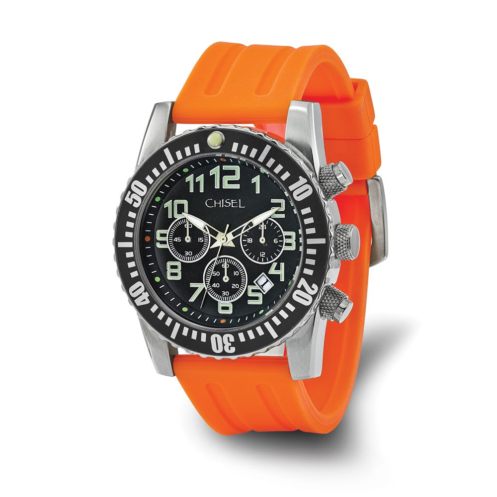 Chisel Mens Black Dial Orange Silicone Strap Chronograph Watch, Item W9073 by The Black Bow Jewelry Co.