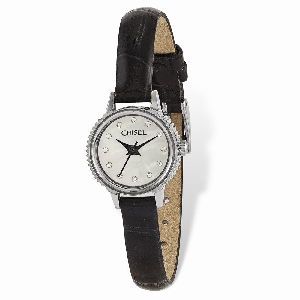 Chisel Ladies Stainless Steel Black Leather Strap Watch, Item W9101 by The Black Bow Jewelry Co.