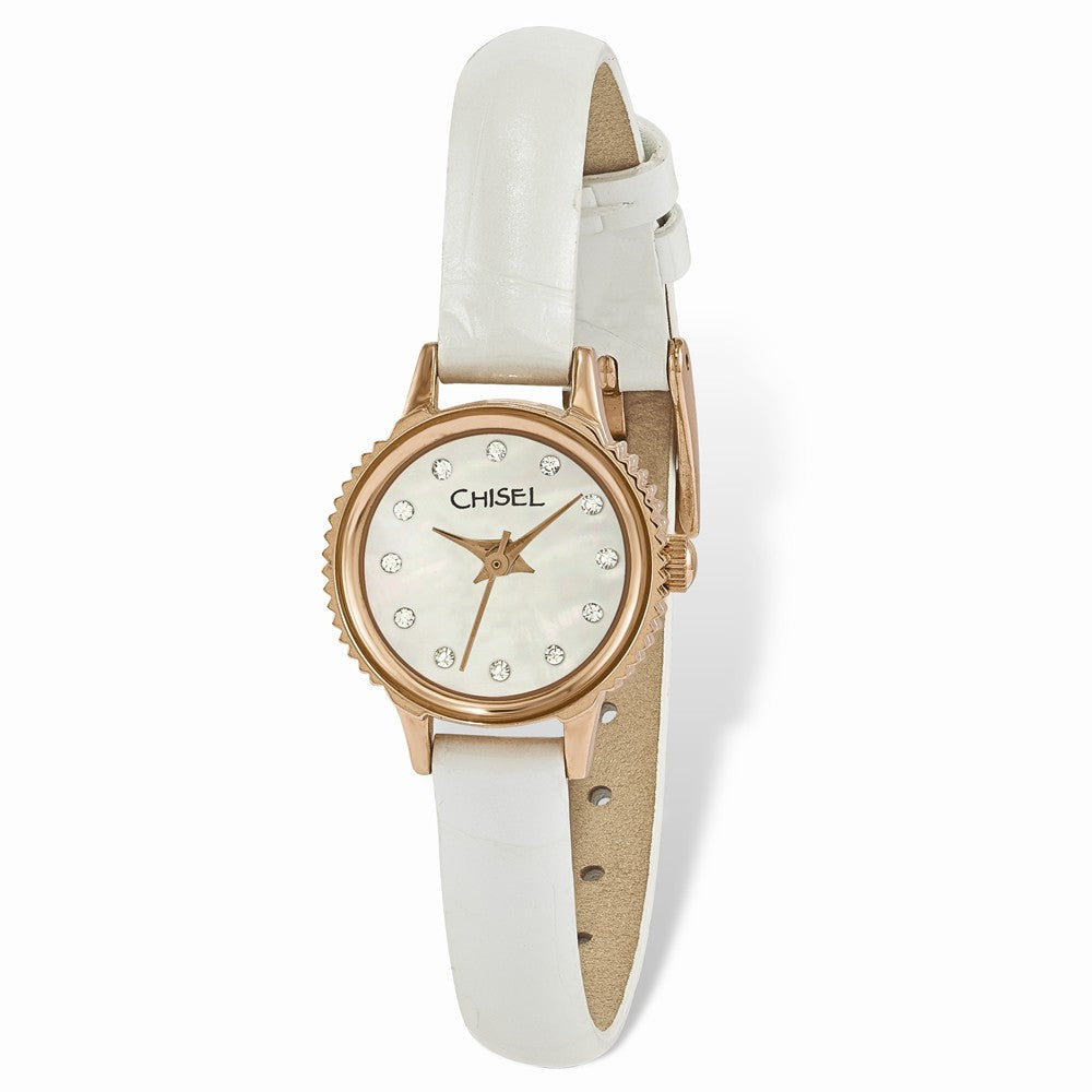 Chisel Ladies Rose IP-pltd Stainless Steel Wht Lthr Strap Watch, Item W9103 by The Black Bow Jewelry Co.