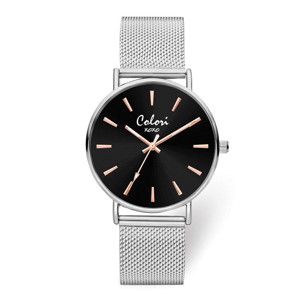 Colori Ladies Silver IP-plated Mesh Strap Black Dial Watch - The Black Bow  Jewelry Company