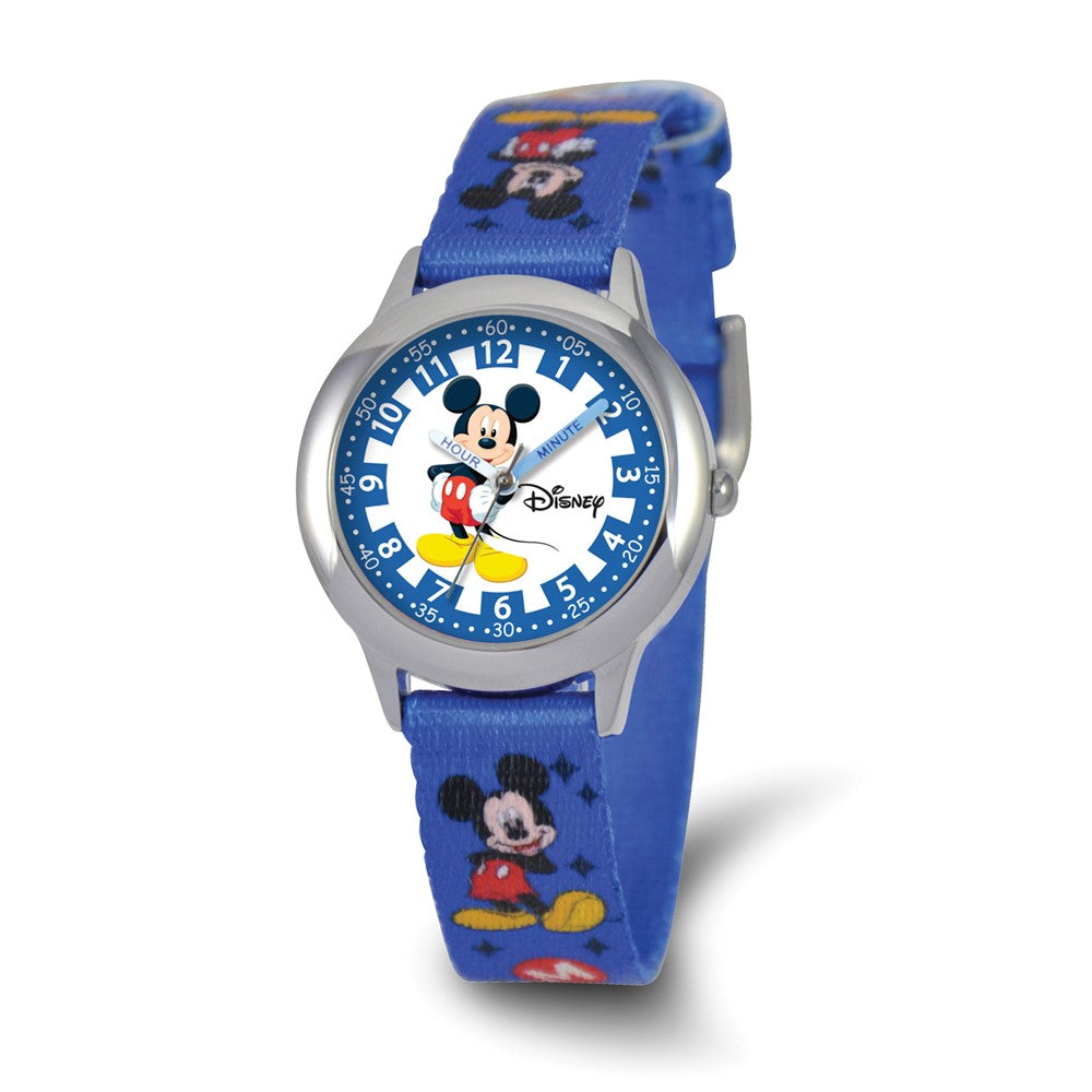 Disney Girls Mickey Mouse Blue Printed Fabric Band Time Teacher Watch, Item W9236 by The Black Bow Jewelry Co.