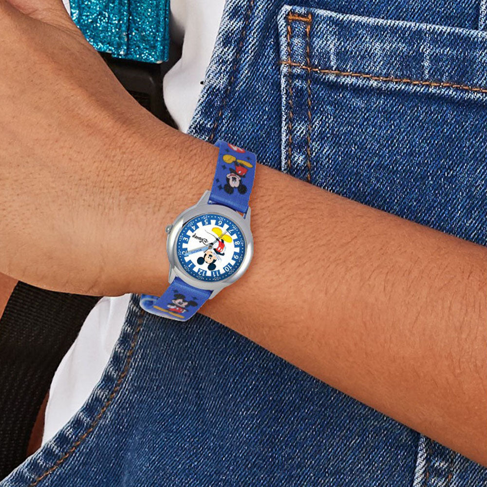 Alternate view of the Disney Girls Mickey Mouse Blue Printed Fabric Band Time Teacher Watch by The Black Bow Jewelry Co.
