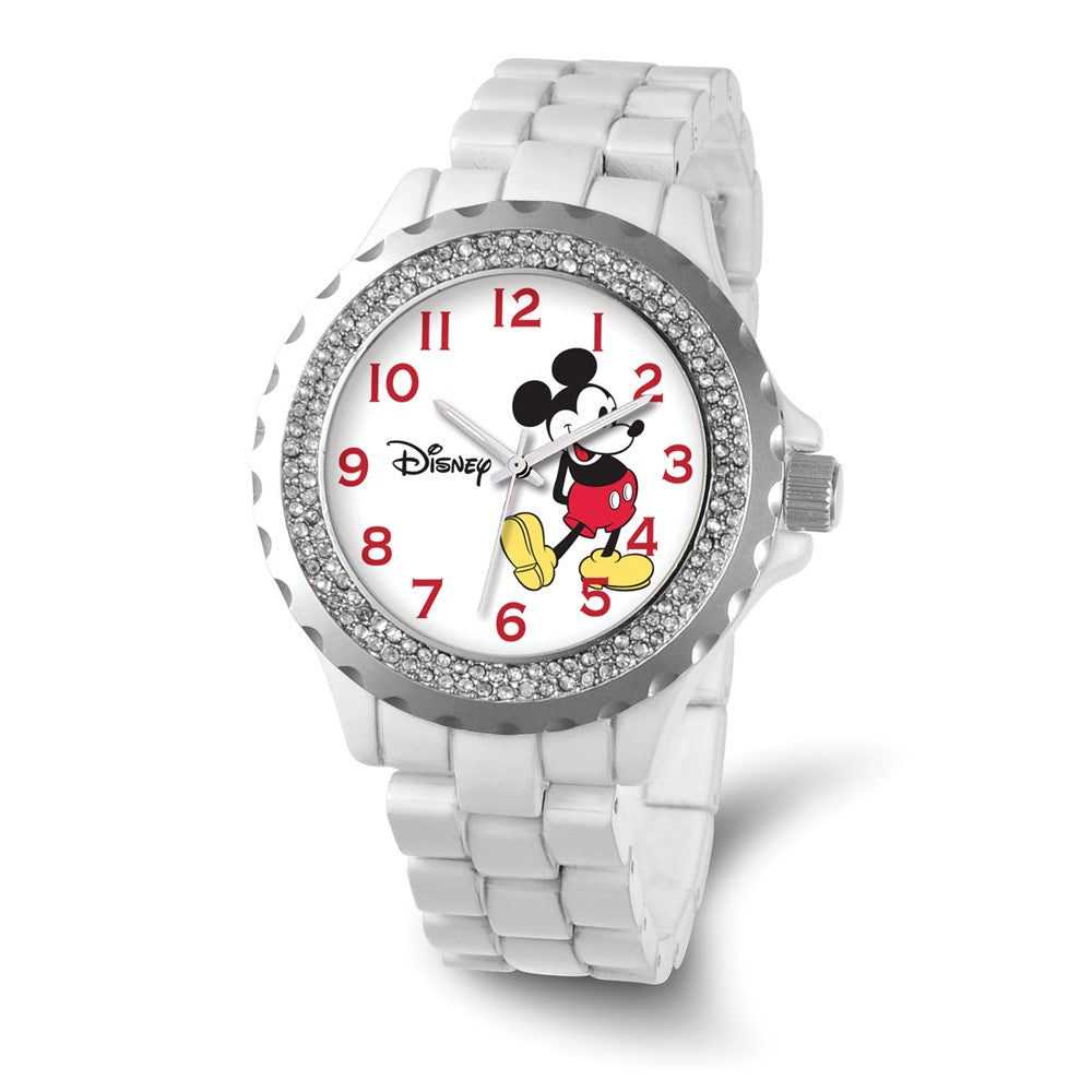 Disney Ladies Size White Band w/ Crystal Bezel Mickey Mouse Watch, Item W9266 by The Black Bow Jewelry Co.
