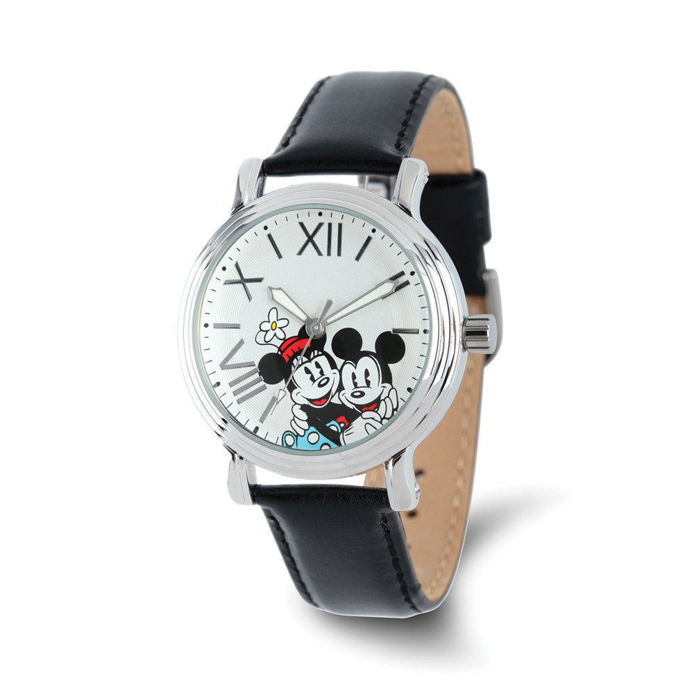 Disney Ladies Size Black Leather Mickey & Minnie Watch, Item W9347 by The Black Bow Jewelry Co.