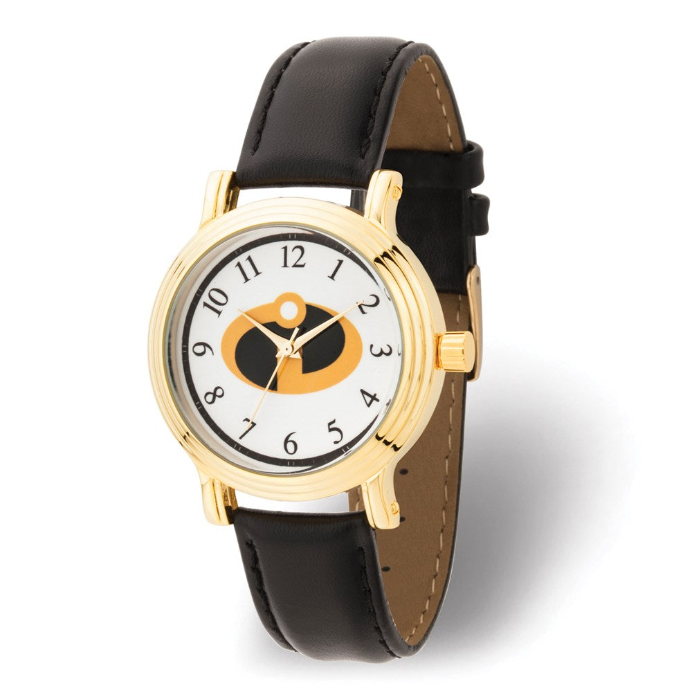 Disney Adult Size Incredibles 2 Logo IPG-plated Black Leather Watch, Item W9482 by The Black Bow Jewelry Co.
