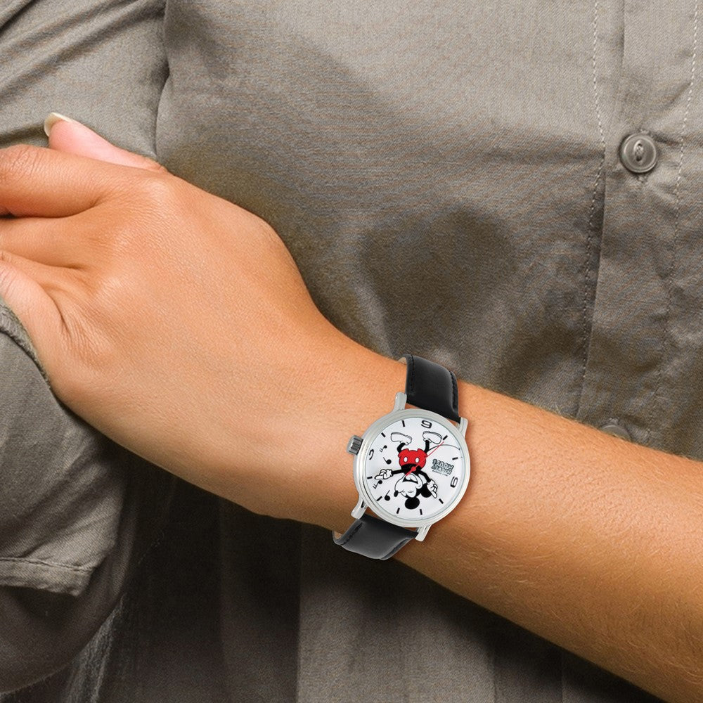 Alternate view of the Disney Ladies Laughing Mickey Mouse Black Leather Band Watch by The Black Bow Jewelry Co.