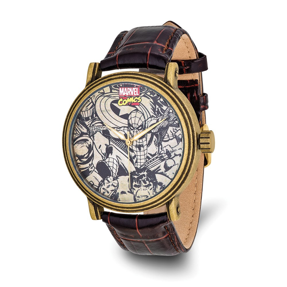 Marvel Adult Size Spiderman Antique Gold-tone Black Strap Watch, Item W9758 by The Black Bow Jewelry Co.