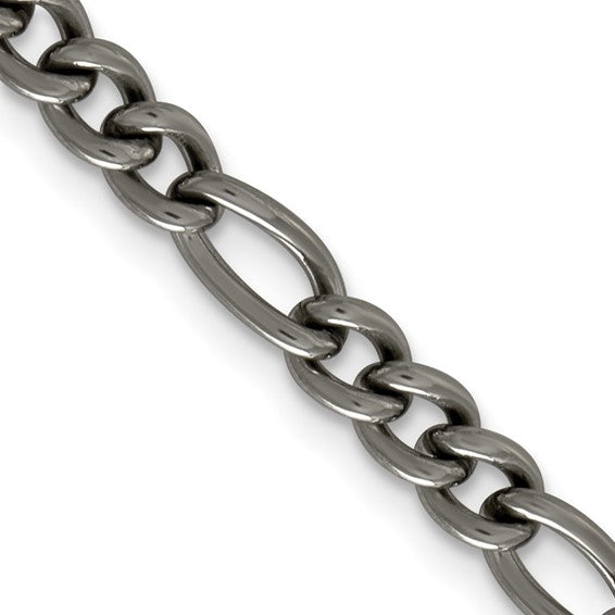 Men&#39;s 7mm Dark Gray Titanium Classic Polished Figaro Chain Necklace, Item C10719 by The Black Bow Jewelry Co.
