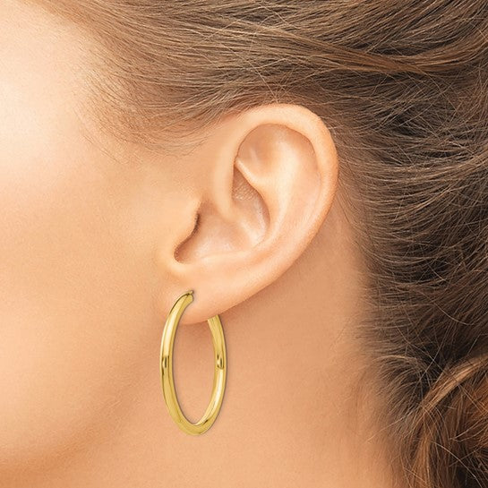 Alternate view of the 3mm x 35mm 14k Yellow Gold Polished Endless Tube Hoop Earrings by The Black Bow Jewelry Co.
