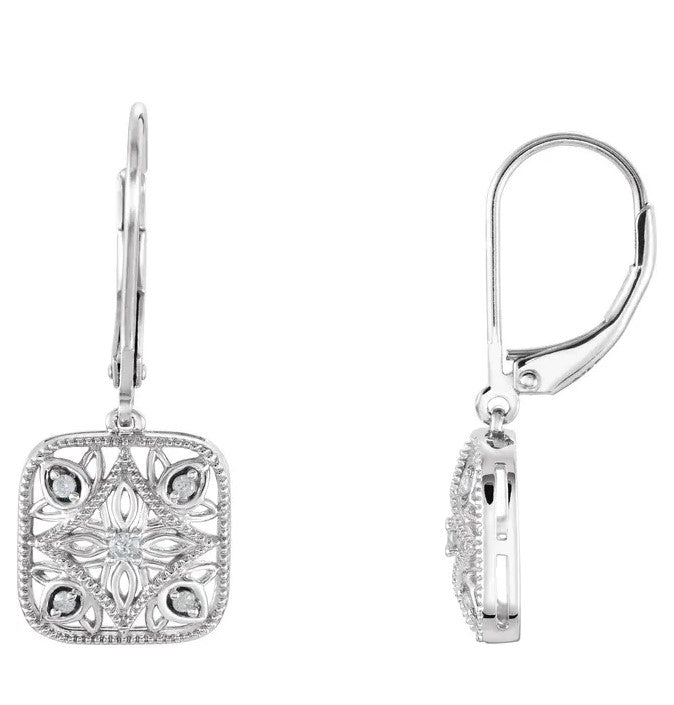 Alternate view of the Vintage Style Diamond Square Earrings in Sterling Silver by The Black Bow Jewelry Co.
