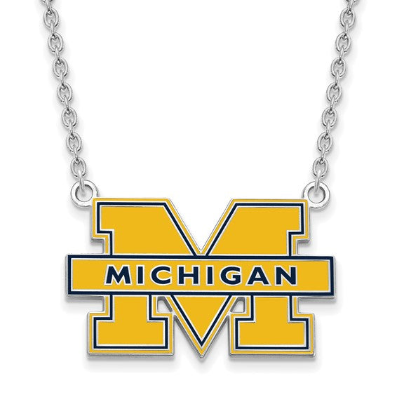 Sterling Silver U of Michigan Large Blue Enameled 'M' Pendant Necklace, Item N11615 by The Black Bow Jewelry Co.