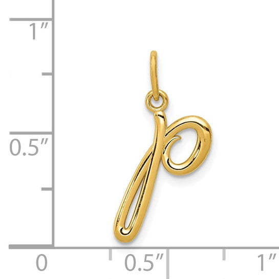 Alternate view of the 14k Yellow Gold, Claire Collection Mini Lower Case Initial P Charm by The Black Bow Jewelry Co.