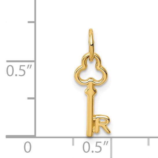 Alternate view of the 14k Yellow Gold, Hannah Collection, Mini Initial R Shamrock Key Charm by The Black Bow Jewelry Co.