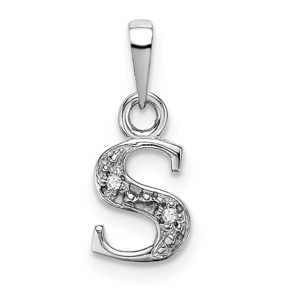 The Chloe Mini Diamond Accent Initial S Pendant in 14k White Gold, Item P10441-S by The Black Bow Jewelry Co.