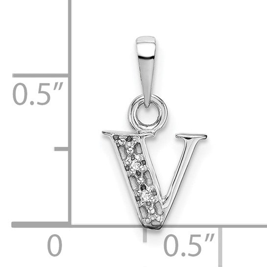 Alternate view of the The Chloe Mini Diamond Accent Initial V Pendant in 14k White Gold by The Black Bow Jewelry Co.