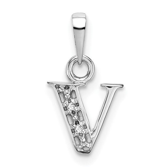 The Chloe Mini Diamond Accent Initial V Pendant in 14k White Gold, Item P10441-V by The Black Bow Jewelry Co.