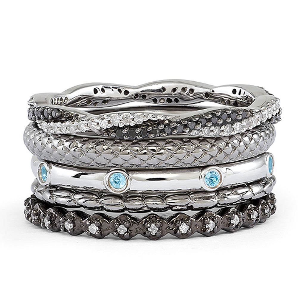 Two Tone Sterling Silver, Diamond & Blue Topaz Band Stackable Ring Set, Item R9626 by The Black Bow Jewelry Co.