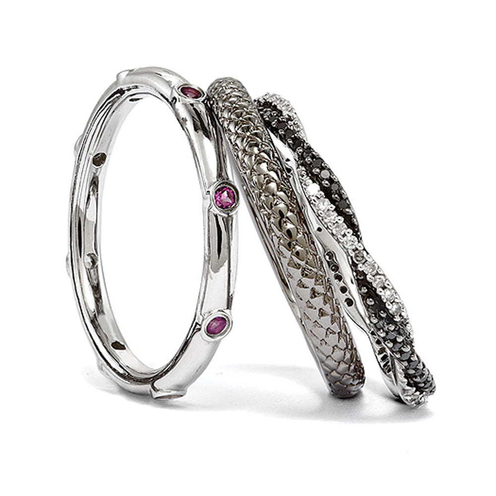 Two Tone Sterling Silver, Rhod. Garnet & Diamond Stackable Ring Set, Item R9645 by The Black Bow Jewelry Co.