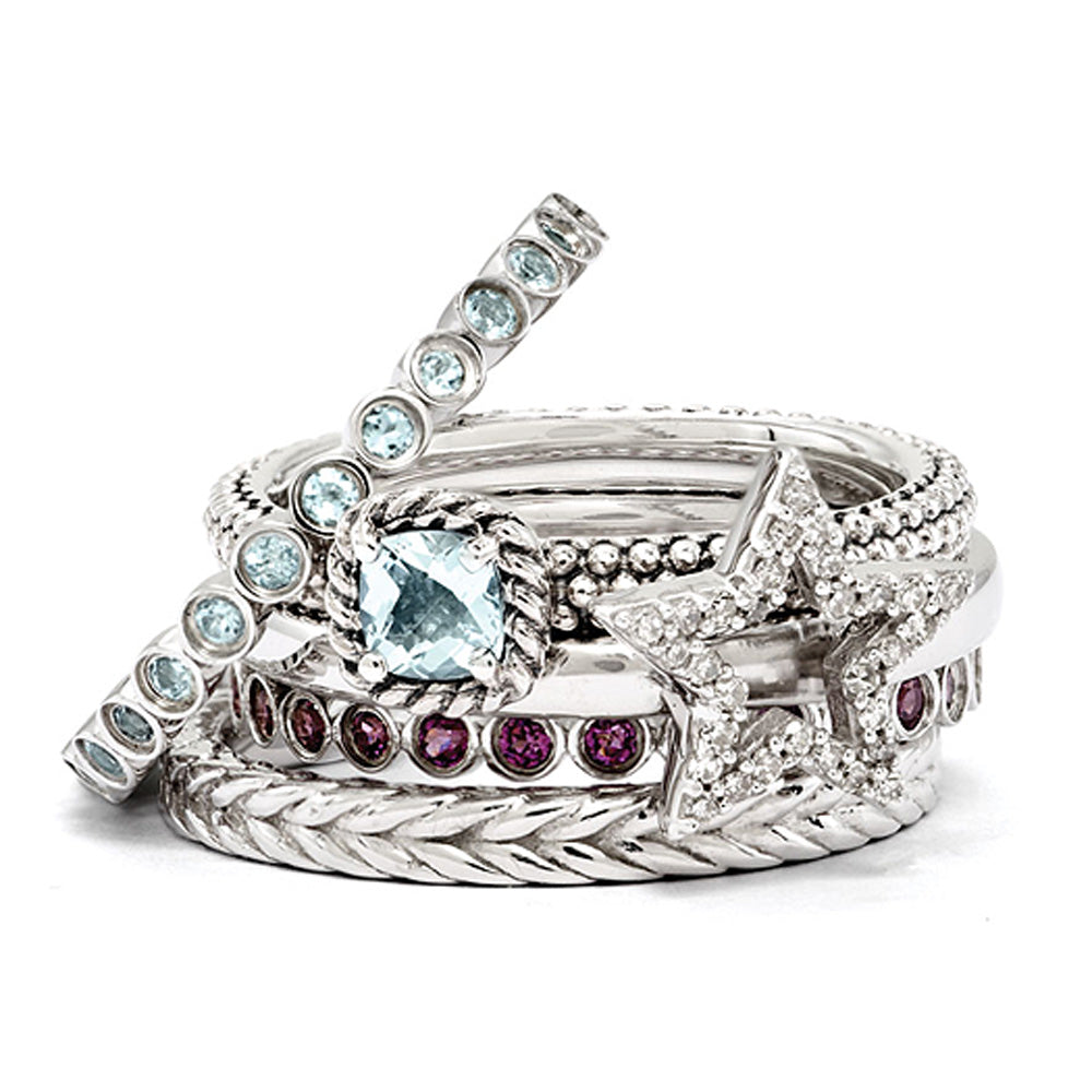 Sterling Silver Stackable Shining Diamond Star & Gemstone Ring Set, Item R9647 by The Black Bow Jewelry Co.