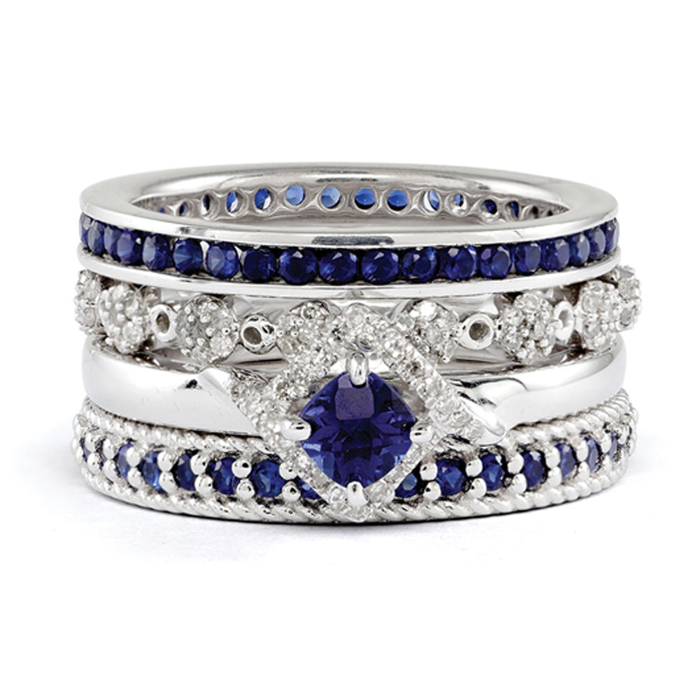Sterling Silver, Created Sapphire & Diamond Paradise Stack Ring Set, Item R9653 by The Black Bow Jewelry Co.