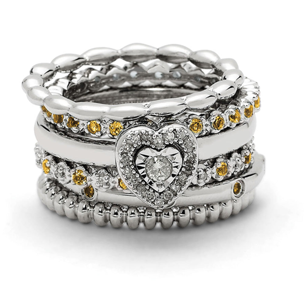 Sterling Silver, Diamond  & Citrine Stackable Heart Ring Set, Item R9693 by The Black Bow Jewelry Co.