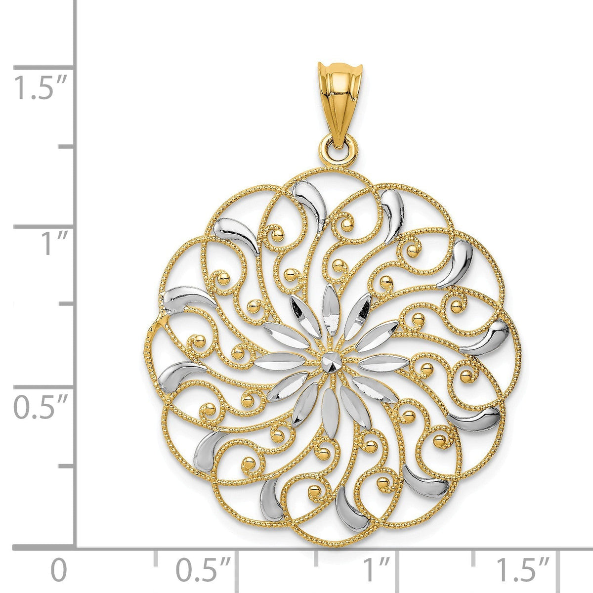 Alternate view of the 14k Yellow Gold &amp; White Rhodium Diamond Cut Floral Swirl Pendant, 30mm by The Black Bow Jewelry Co.