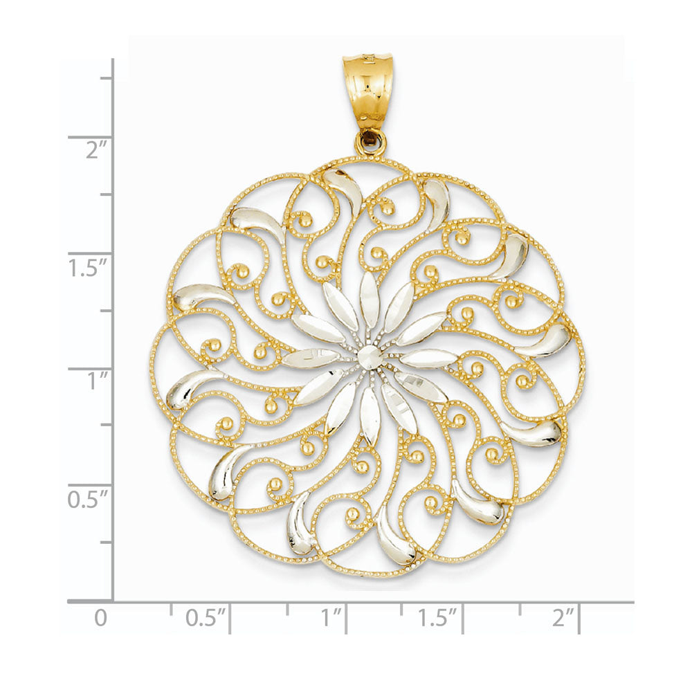 Alternate view of the 14k Yellow Gold &amp; White Rhodium Diamond Cut Floral Swirl Pendant, 40mm by The Black Bow Jewelry Co.