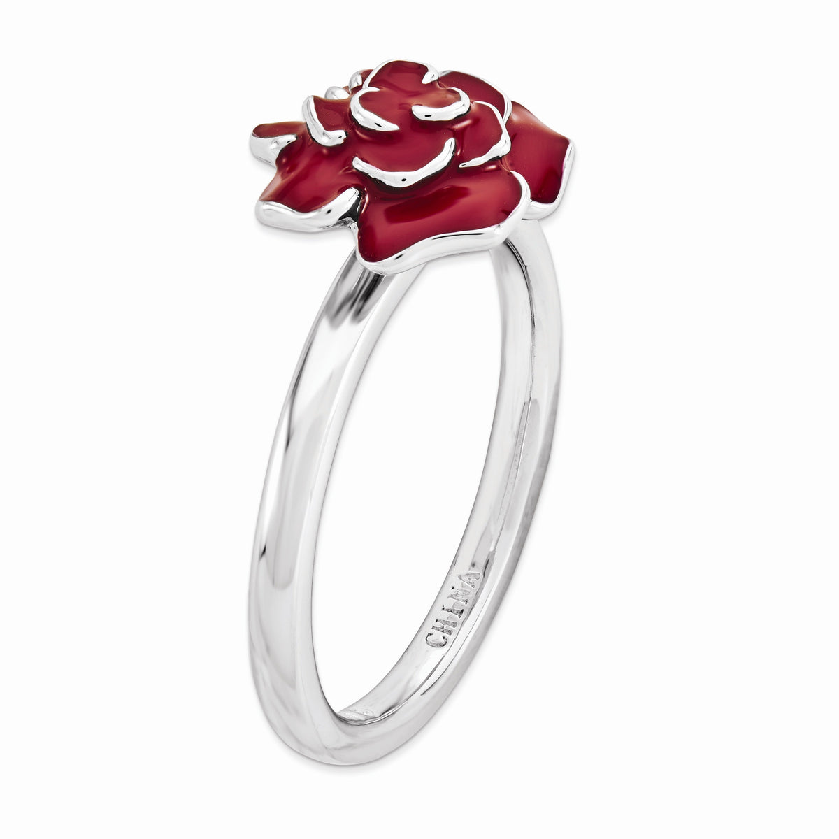 Alternate view of the 2.25mm Sterling Silver Stackable Enameled Red Rose Ring by The Black Bow Jewelry Co.