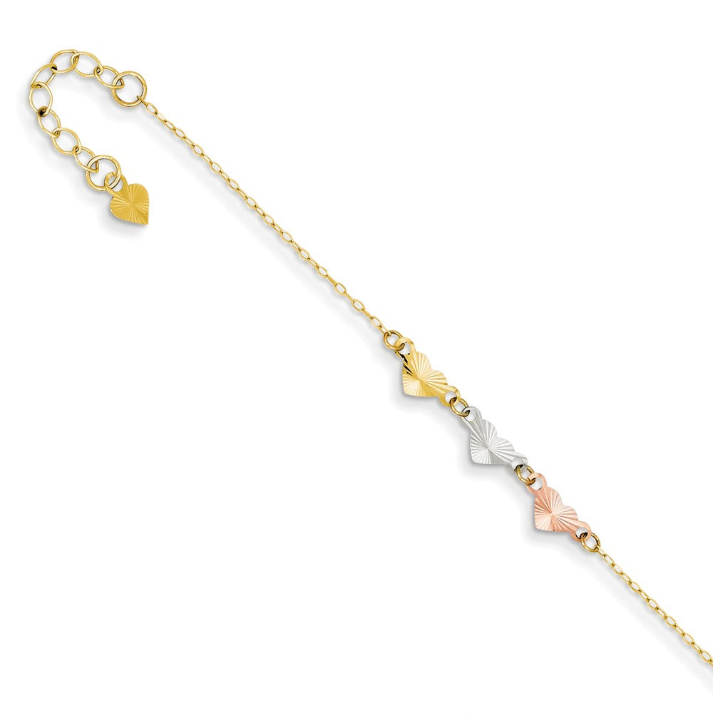 14k Tri Color Gold Adjustable Heart Anklet, 9 Inch, Item A8023 by The Black Bow Jewelry Co.