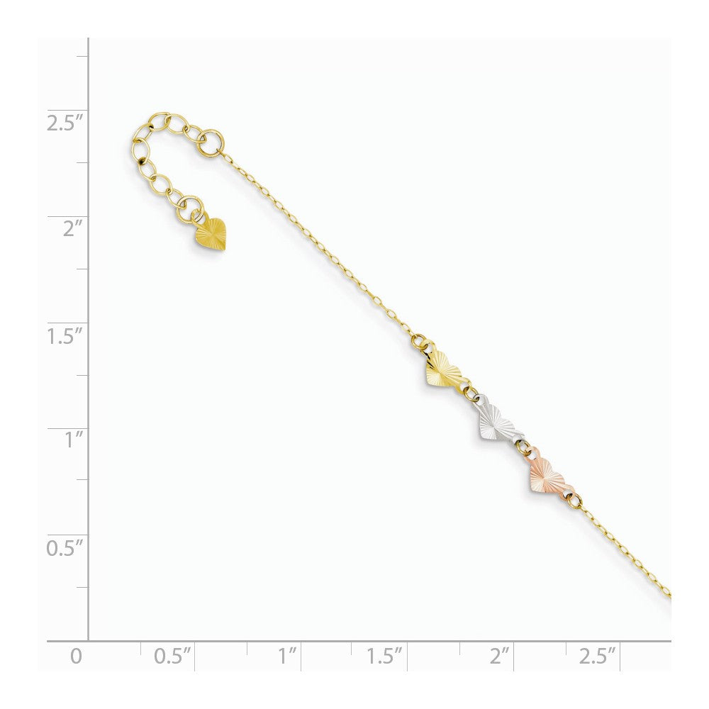 Alternate view of the 14k Tri Color Gold Adjustable Heart Anklet, 9 Inch by The Black Bow Jewelry Co.
