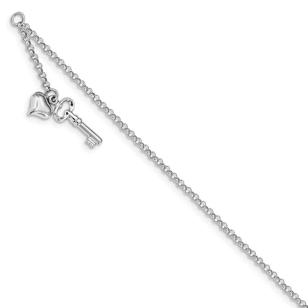 14k White Gold Puffed Heart And Key Dangle Anklet, 10 Inch, Item A8050 by The Black Bow Jewelry Co.