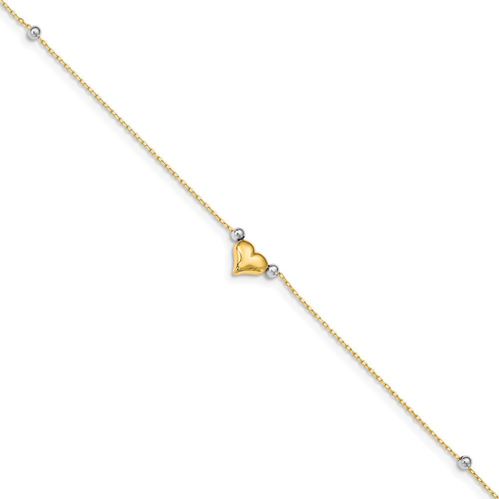 14k Yellow and White Gold Puffed Heart and Bead Anklet, 10 Inch, Item A8052 by The Black Bow Jewelry Co.