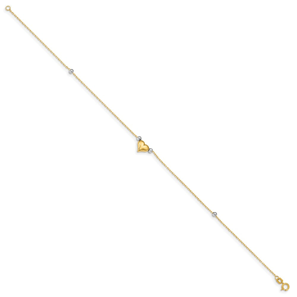 Alternate view of the 14k Yellow and White Gold Puffed Heart and Bead Anklet, 10 Inch by The Black Bow Jewelry Co.