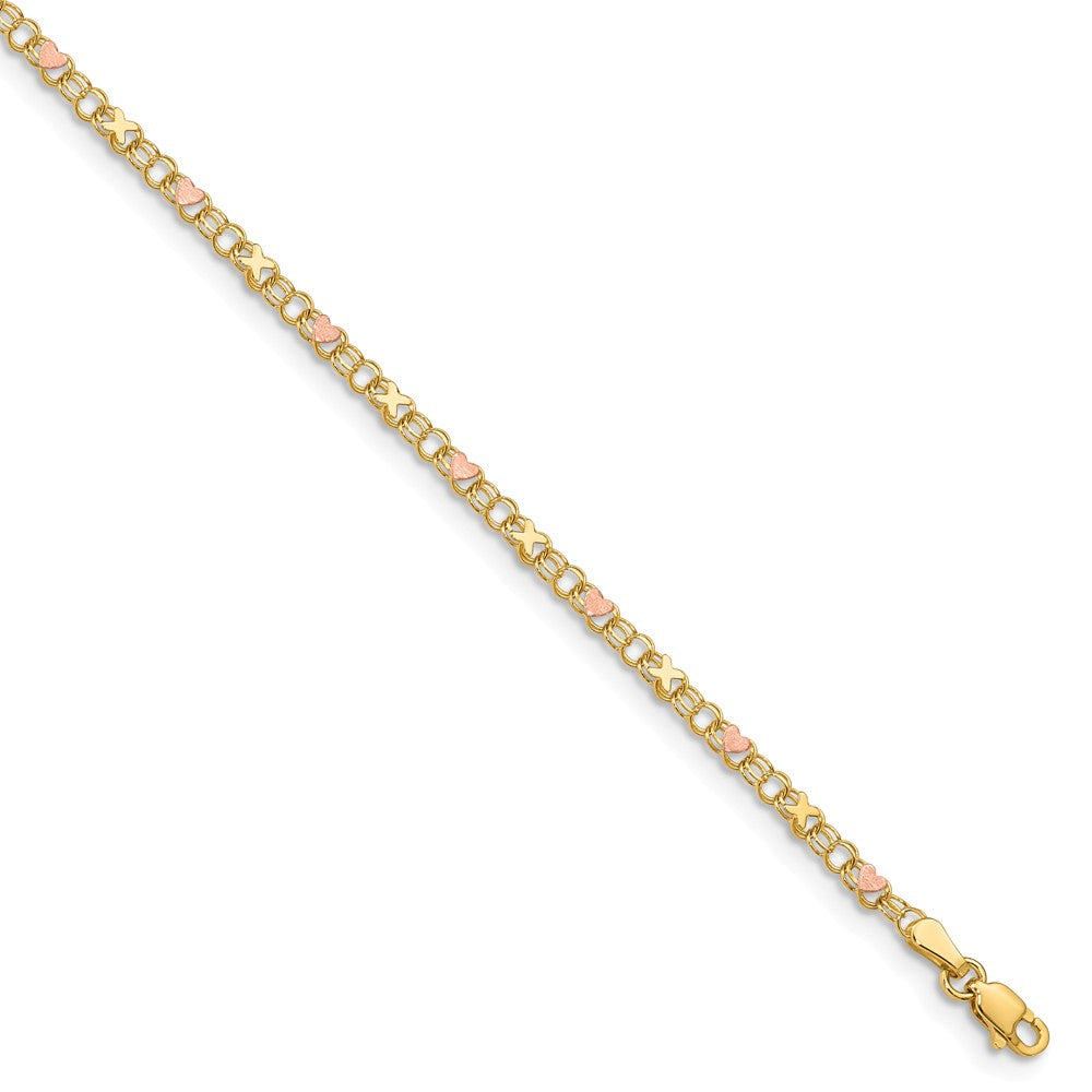 14k Yellow Gold And Pink Rhodium Kisses and Hearts Anklet, 10 Inch, Item A8056 by The Black Bow Jewelry Co.