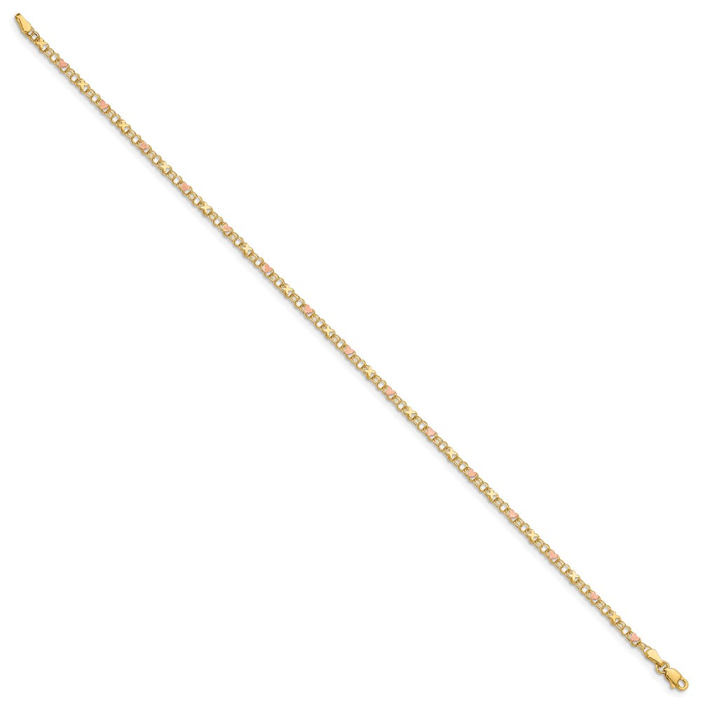 Alternate view of the 14k Yellow Gold And Pink Rhodium Kisses and Hearts Anklet, 10 Inch by The Black Bow Jewelry Co.