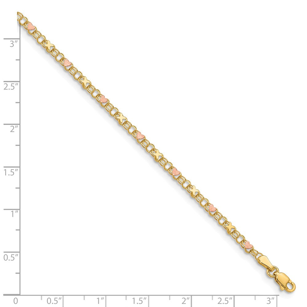 Alternate view of the 14k Yellow Gold And Pink Rhodium Kisses and Hearts Anklet, 10 Inch by The Black Bow Jewelry Co.