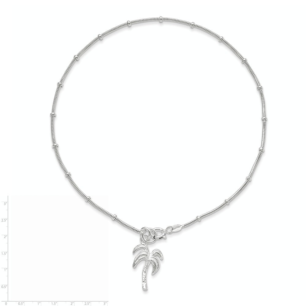 Alternate view of the Sterling Silver Palm Tree Charm Beaded Snake Chain Anklet by The Black Bow Jewelry Co.