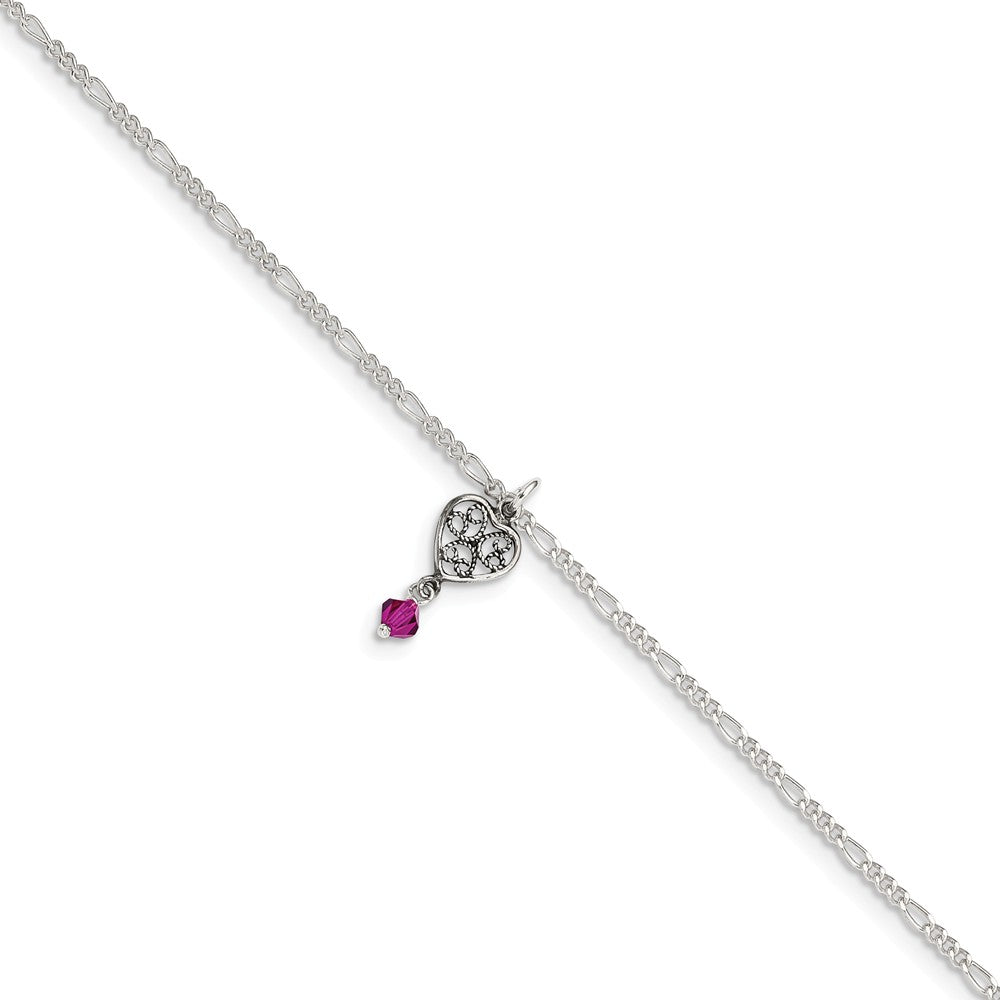 Sterling Silver Pink Crystal, Dangling Heart Anklet, Item A8145-A by The Black Bow Jewelry Co.