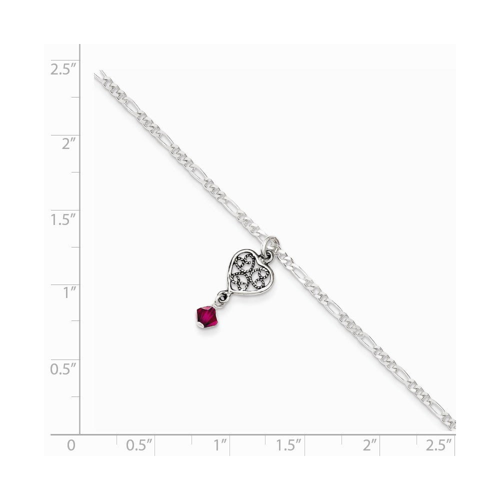 Alternate view of the Sterling Silver Pink Crystal, Dangling Heart Anklet by The Black Bow Jewelry Co.