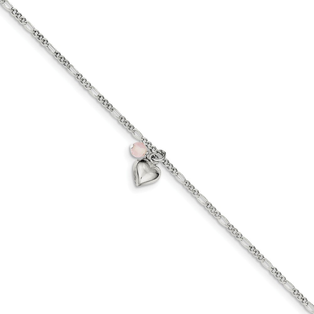 Sterling Silver Cherry Quartz, Puffed Heart Anklet, Item A8151-A by The Black Bow Jewelry Co.