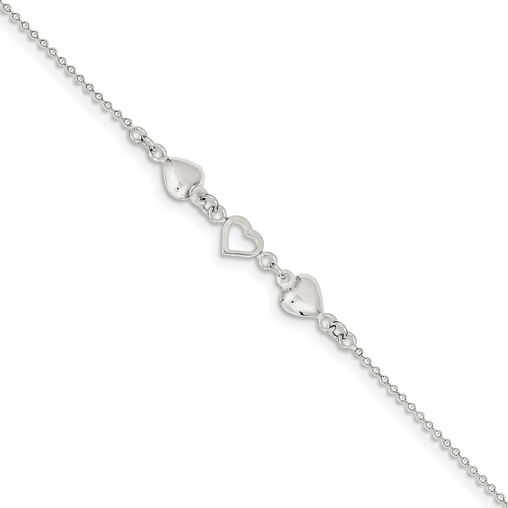 Sterling Silver Polished Hearts Anklet, 9-10 Inch, Item A8197-10 by The Black Bow Jewelry Co.