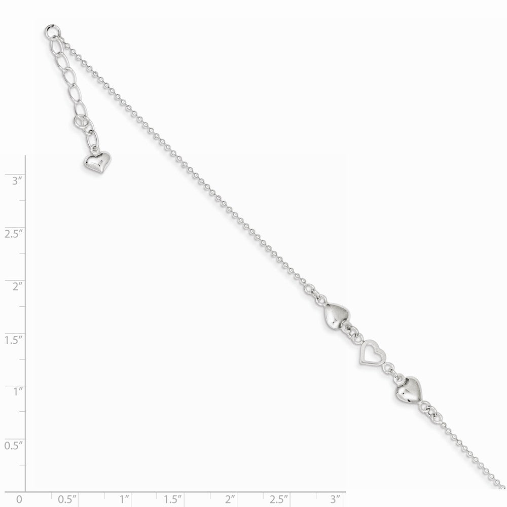 Alternate view of the Sterling Silver Polished Hearts Anklet, 9-10 Inch by The Black Bow Jewelry Co.