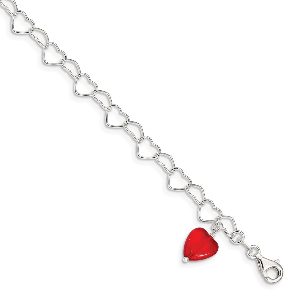 Sterling Silver Red Crystal Heart Link Anklet, 10 Inch, Item A8215-10 by The Black Bow Jewelry Co.