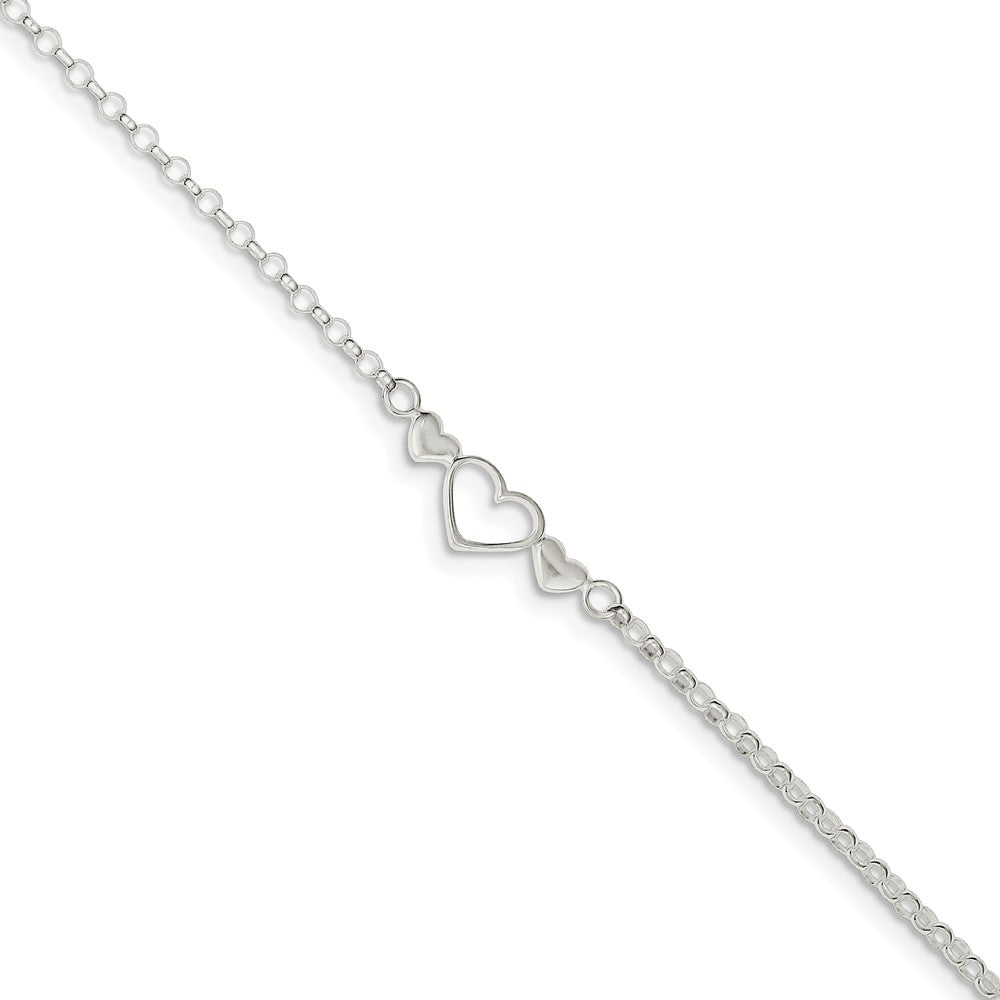 Sterling Silver Adjustable Triple Heart Anklet, 9-10 Inch, Item A8218-10 by The Black Bow Jewelry Co.