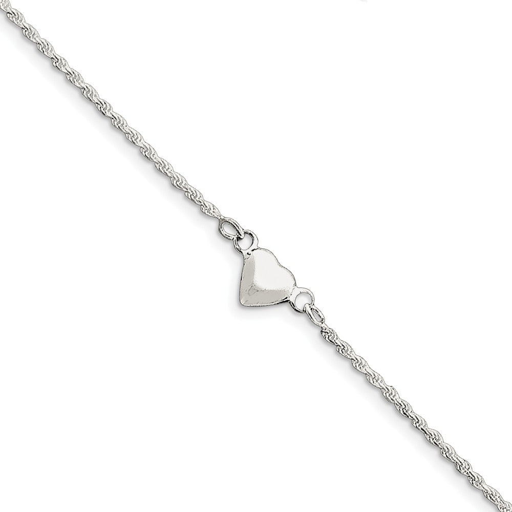 Sterling Silver Puffed Heart Rope Chain Anklet, 9 Inch, Item A8220-09 by The Black Bow Jewelry Co.