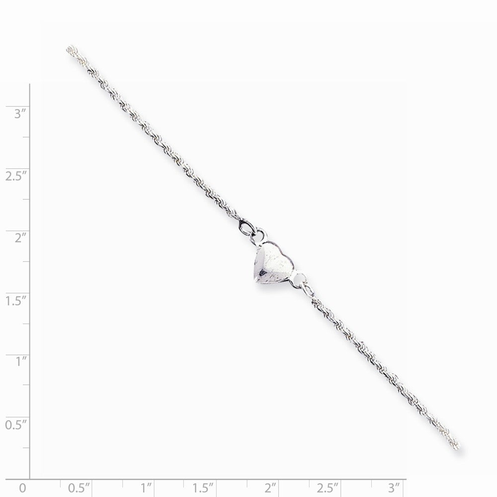 Alternate view of the Sterling Silver Puffed Heart Rope Chain Anklet, 9 Inch by The Black Bow Jewelry Co.