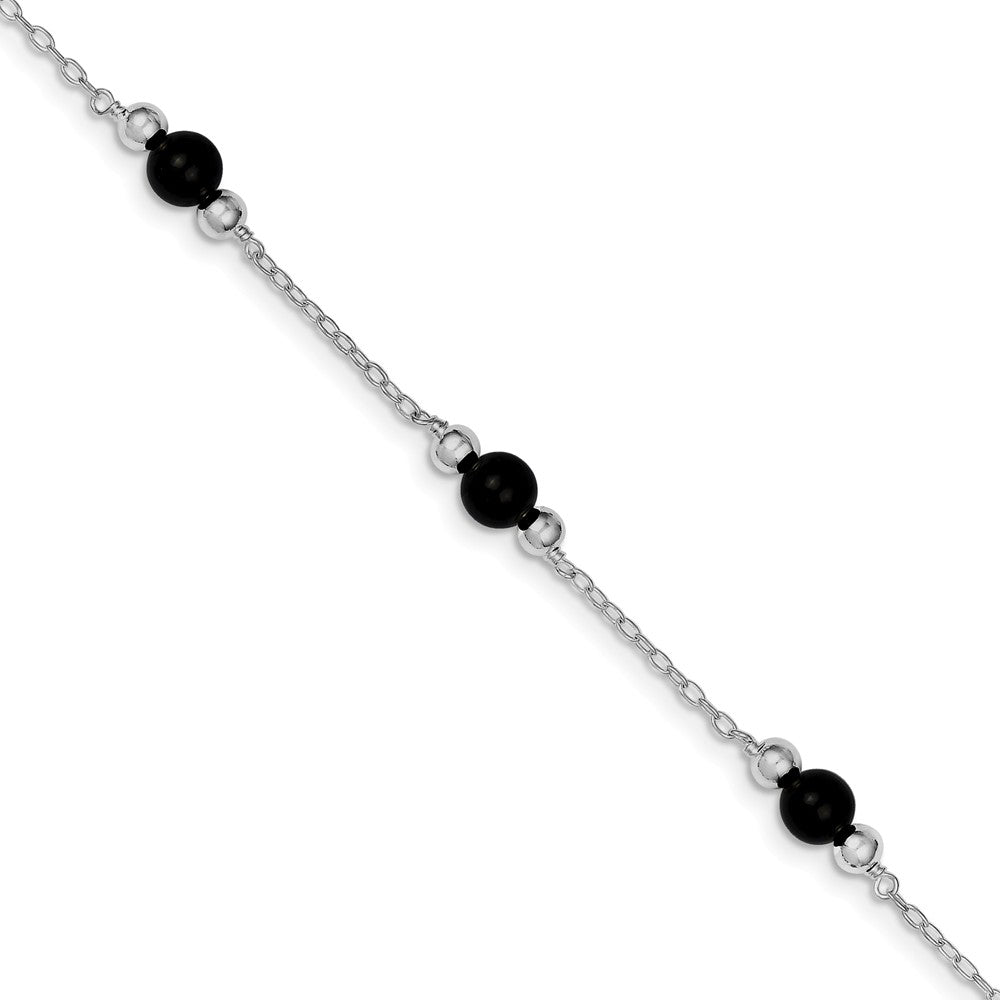Black Onyx in Rhodium-Plated Sterling Silver, Beaded Anklet, 9 Inch, Item A8221-09 by The Black Bow Jewelry Co.