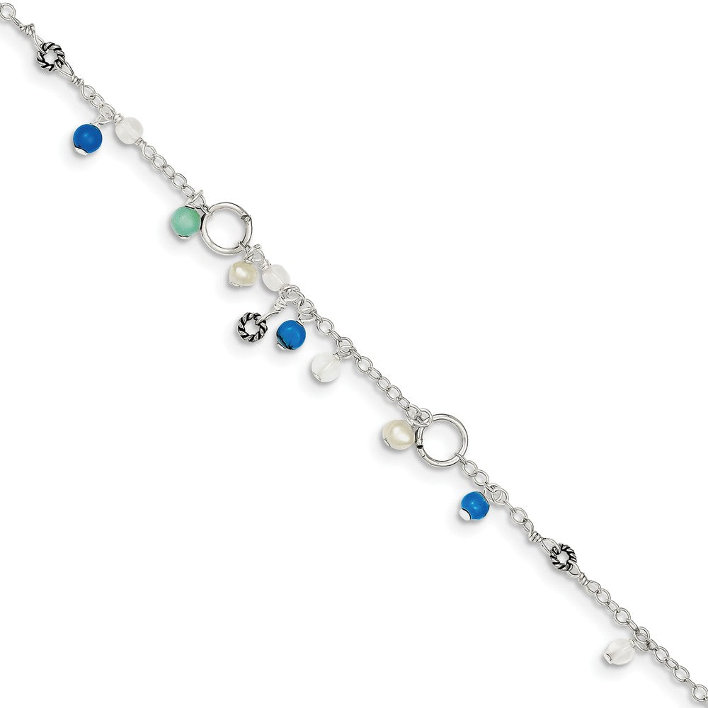 Sterling Silver Turquoise, Crystal And FW Cultured Pearl Anklet, 9 in, Item A8260-09 by The Black Bow Jewelry Co.