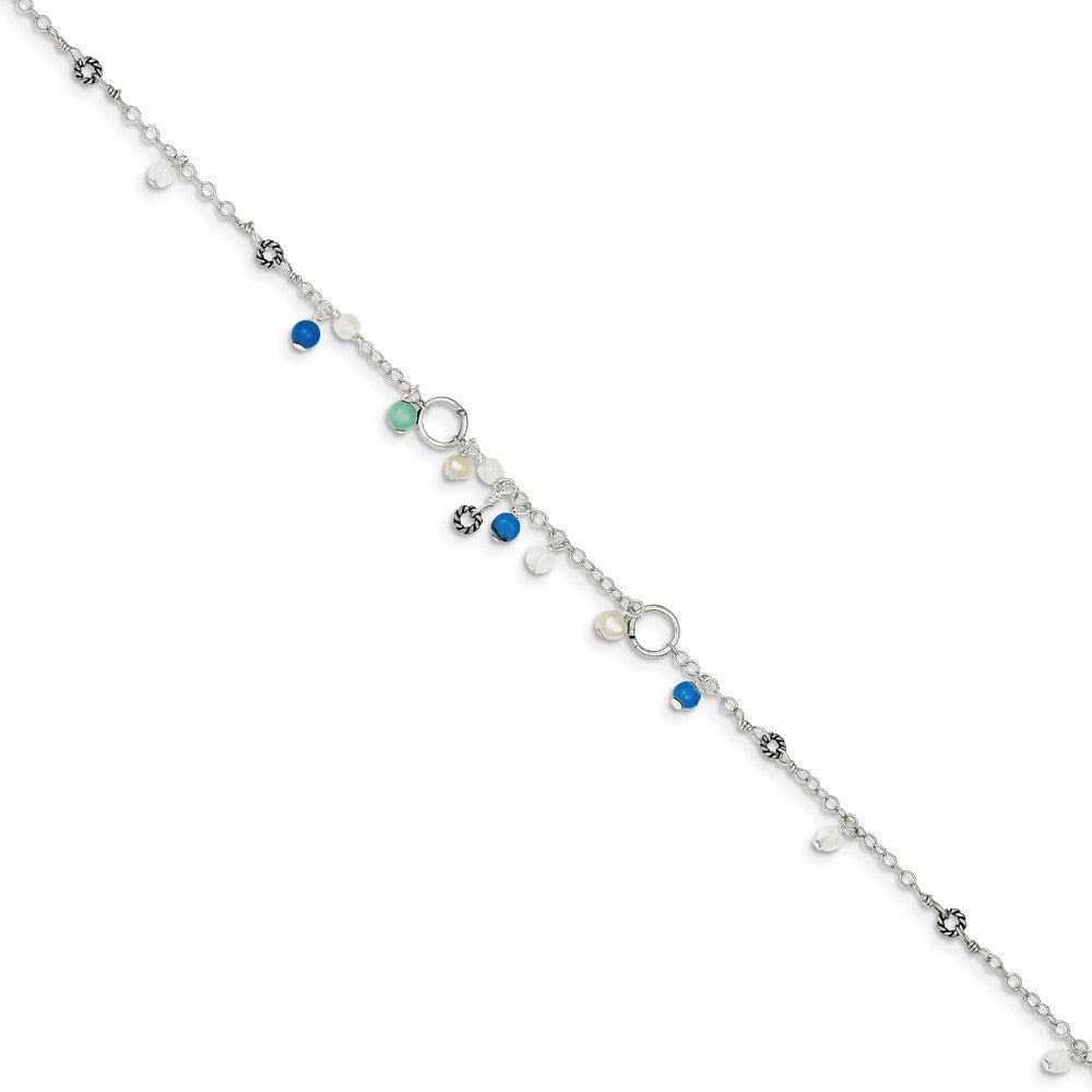 Sterling Silver Turquoise, Crystal And FW Cultured Pearl Anklet, 9