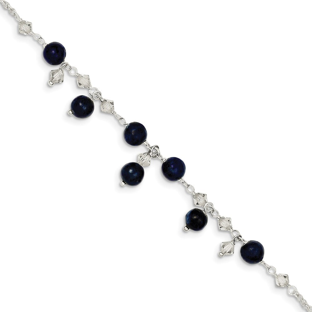 Sterling Silver Clear Crystal And Blue Lapis Anklet Bracelet, 9 Inch, Item A8264-09 by The Black Bow Jewelry Co.